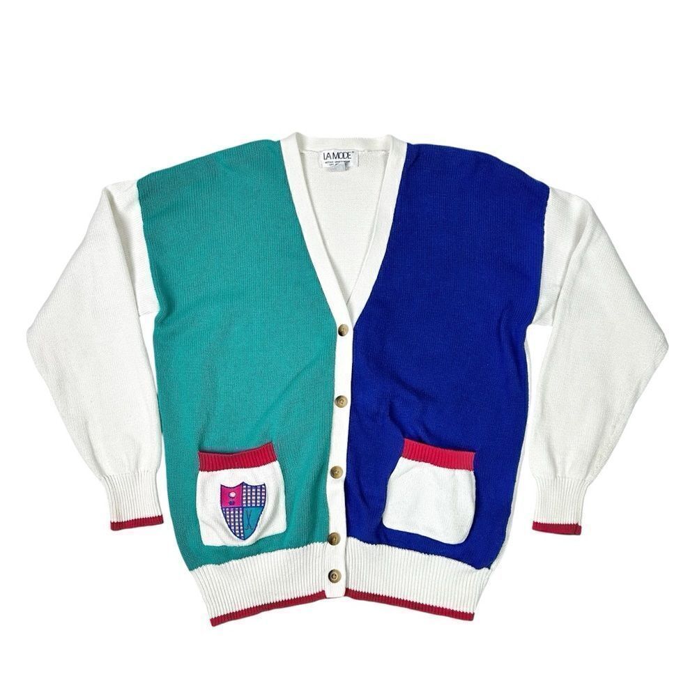 Vintage La Mode 90s Cardigan Sweater Pink Teal Knit Sz Medium Grandma Golf